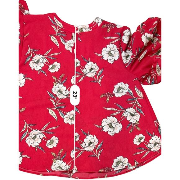 URBAN Romantics Red Floral Swing‎ Blouse LARGE Keyhole Neck Ruffle Sleeves NWOT - Picture 7 of 9